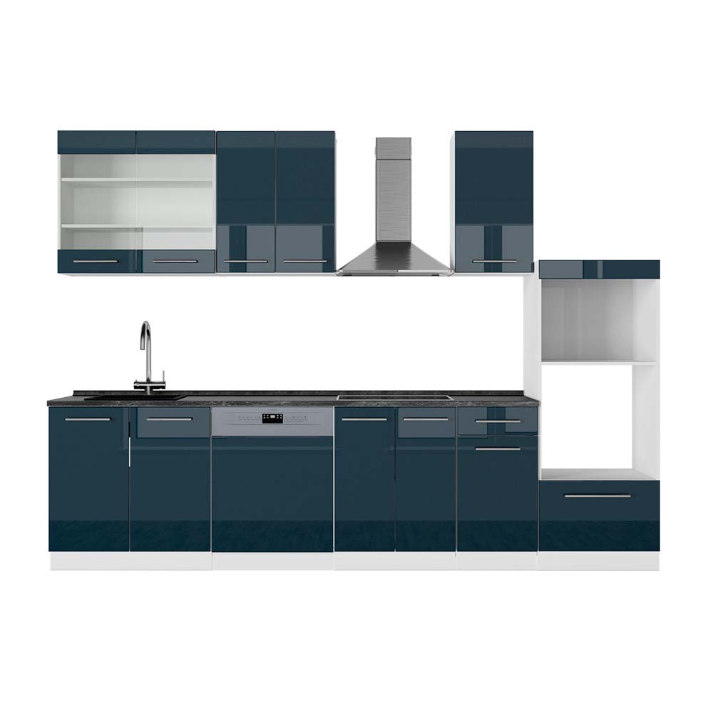 Vicco Cucina componibile Blu scuro lucido/bianco 300 cm con armadio alto, PL Antracite