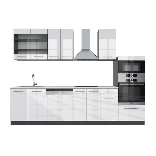 Vicco Cucina componibile Bianco lucido/antracite 300 cm con armadio alto, PL Marmo