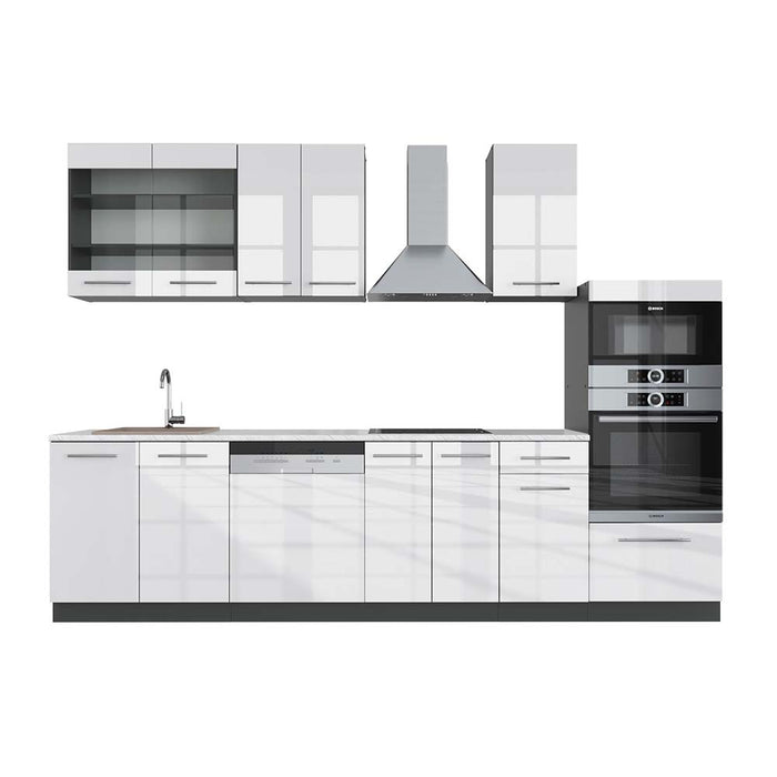 Vicco Cucina componibile Bianco lucido/antracite 300 cm con armadio alto, PL Marmo