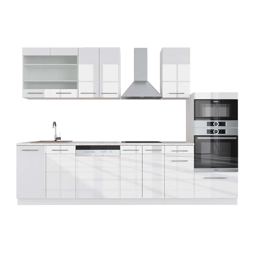 Vicco Cucina componibile Bianco lucido/bianco 300 cm con armadio alto, PL Marmo