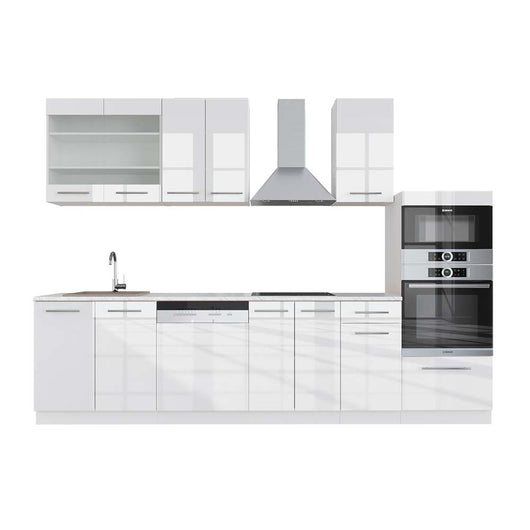 Vicco Cucina componibile Bianco lucido/bianco 300 cm con armadio alto, PL Marmo