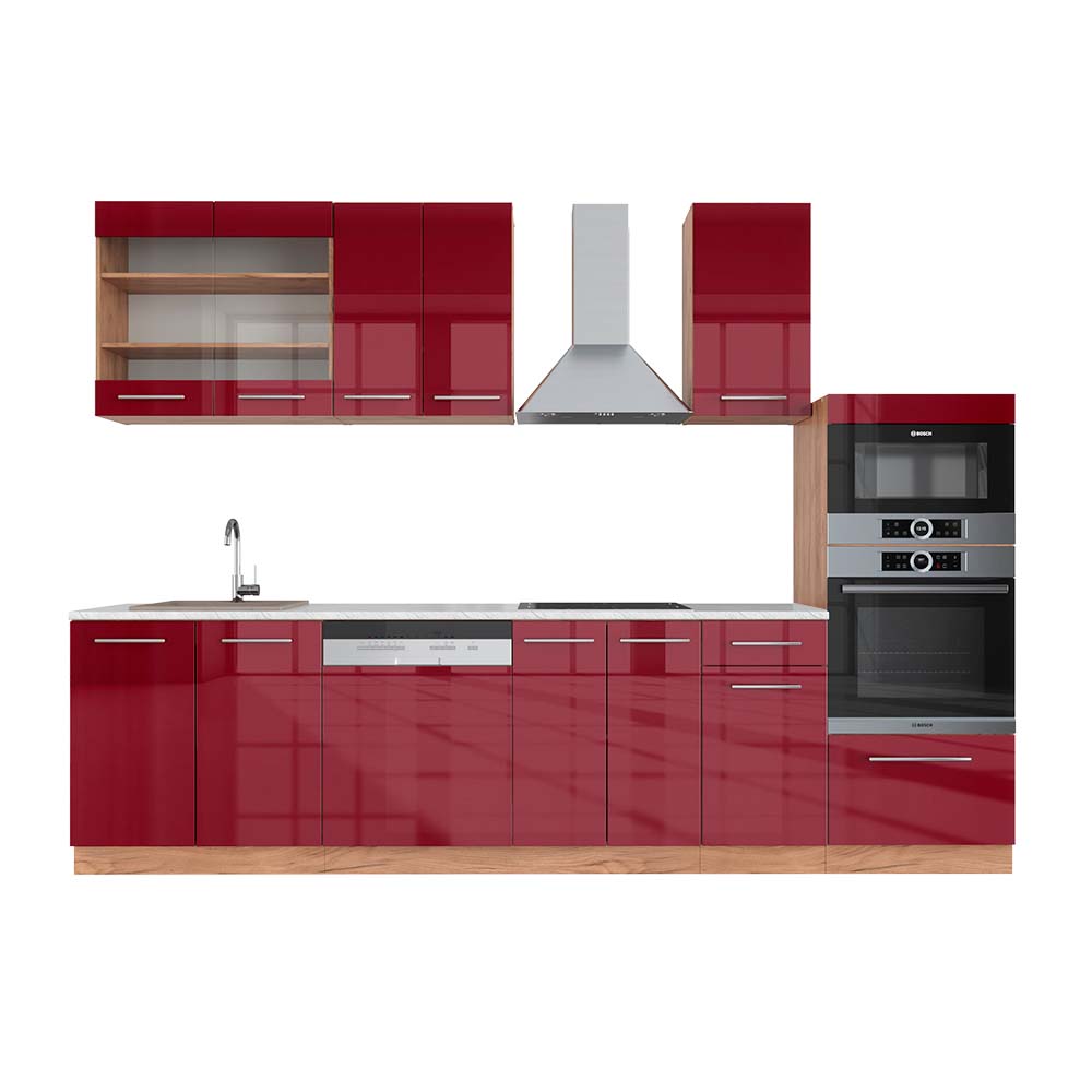 Vicco Cucina componibile Bordeaux lucido/rovere dorato 300 cm con armadio alto, PL Marmo