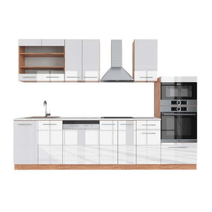 Vicco Cucina componibile Bianco lucido/oro power oak 300 cm con armadio alto, PL Marmo