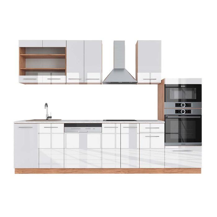 Vicco Cucina componibile Bianco lucido/oro power oak 300 cm con armadio alto, PL Marmo