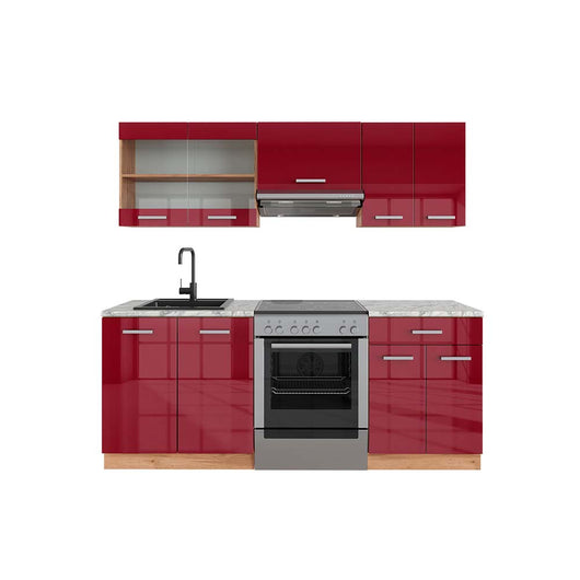 Vicco Cucina componibile Rosso lucido/rovere dorato 200 cm , PL Marmo