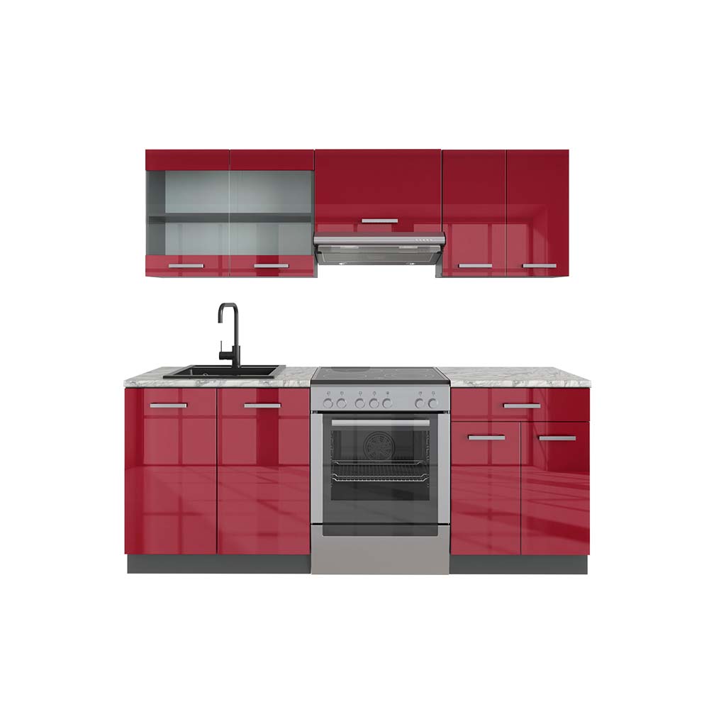 Vicco Cucina componibile Rosso lucido/antracite 200 cm , PL Marmo