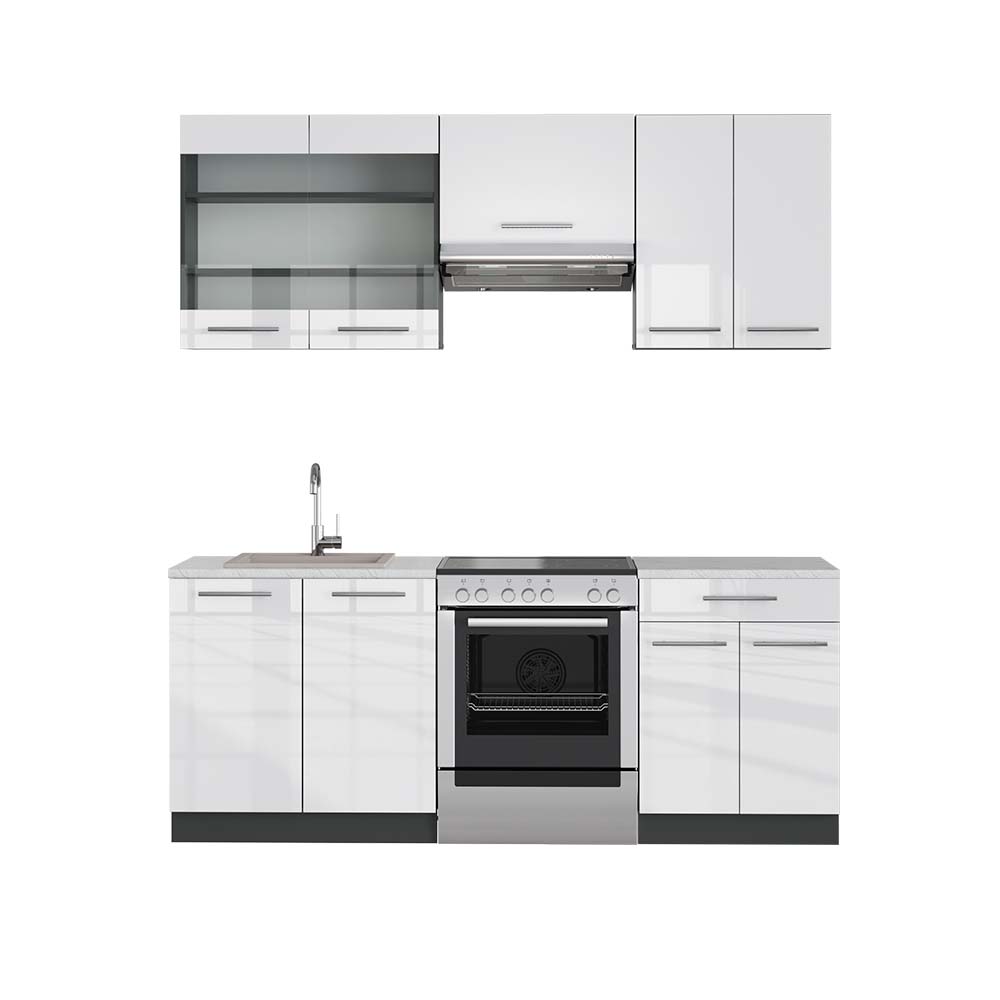 Vicco Cucina componibile Bianco lucido/antracite 200 cm , PL Marmo
