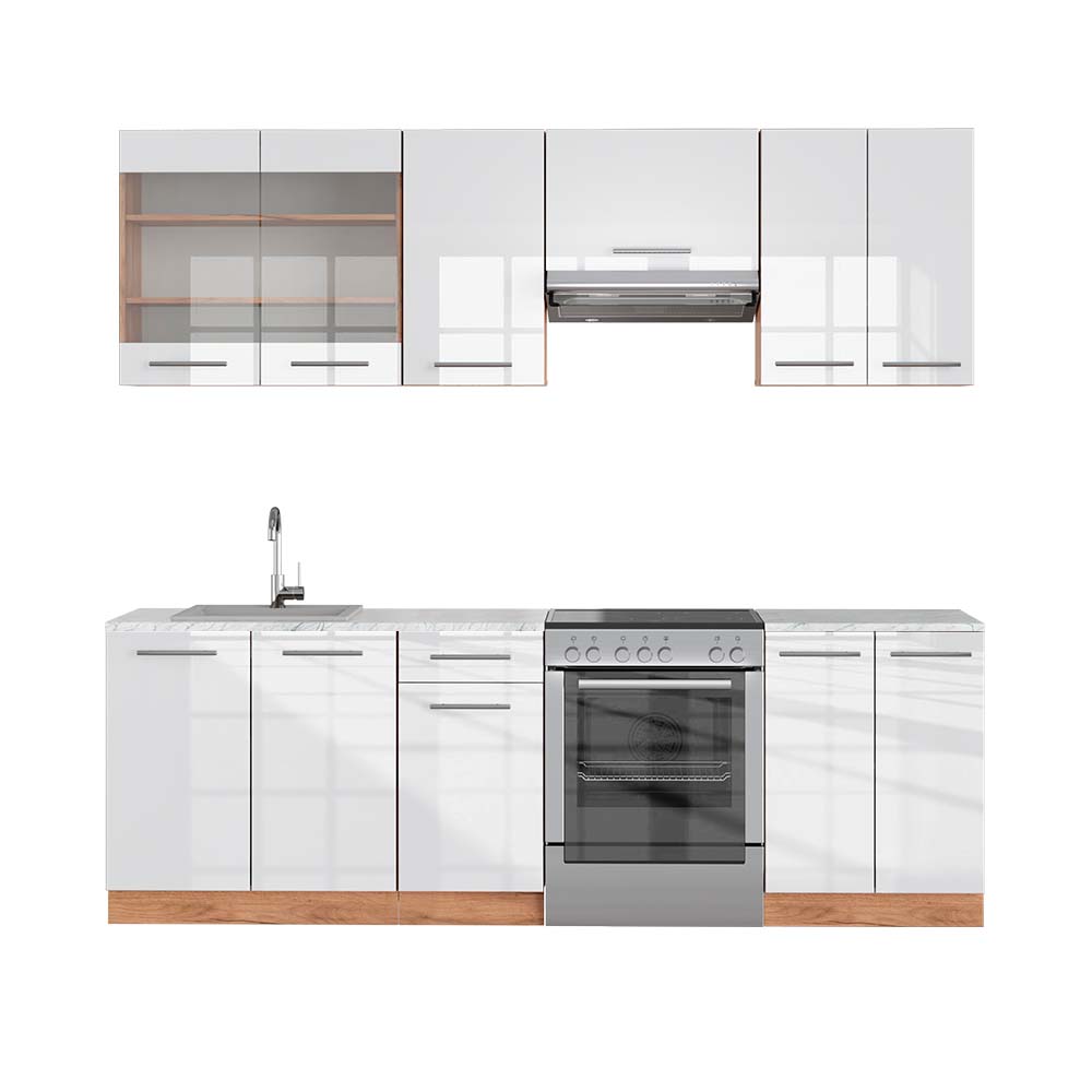 Vicco Cucina componibile Bianco lucido/oro power oak 240 cm , PL Marmo