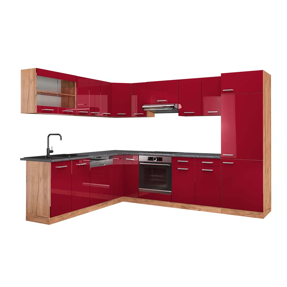 Vicco Cucina angolare completa Rosso lucido/rovere dorato 287 x 60 cm , PL Antracite