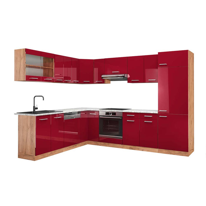 Vicco Cucina angolare completa Rosso lucido/rovere dorato 287 x 60 cm , PL Marmo