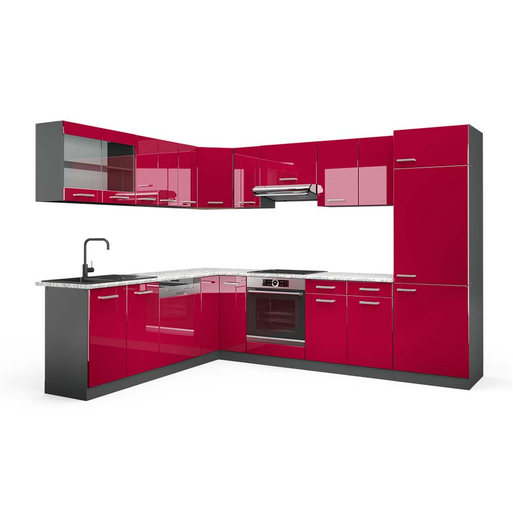 Vicco Cucina angolare completa Rosso lucido/antracite 287 x 60 cm , PL Marmo
