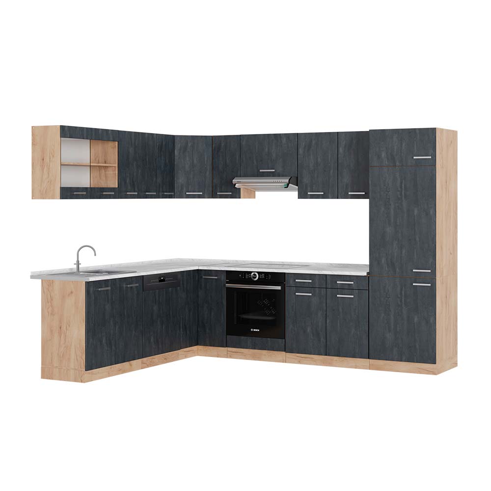 Vicco Cucina angolare completa Calcestruzzo nero/quercia dorata 227 x 287 cm PL Marmo