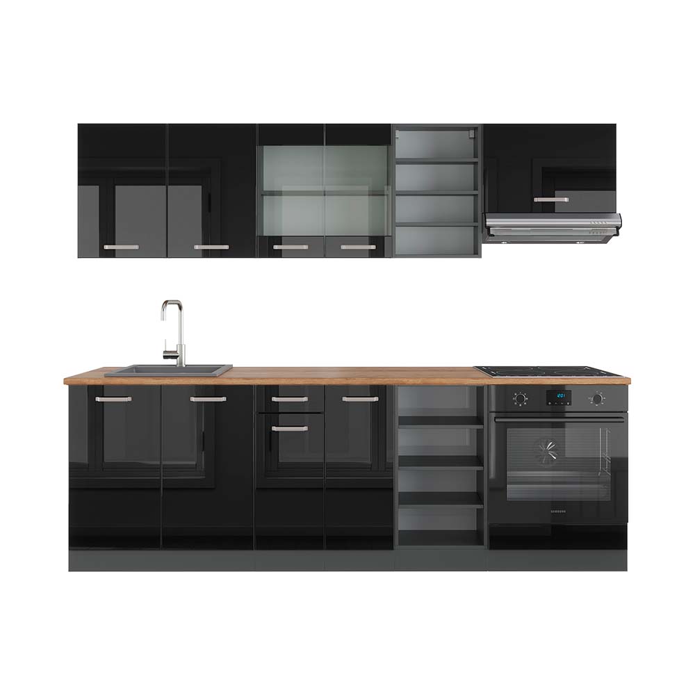 Vicco Cucina componibile Nero lucido/antracite 240 cm , PL Rovere