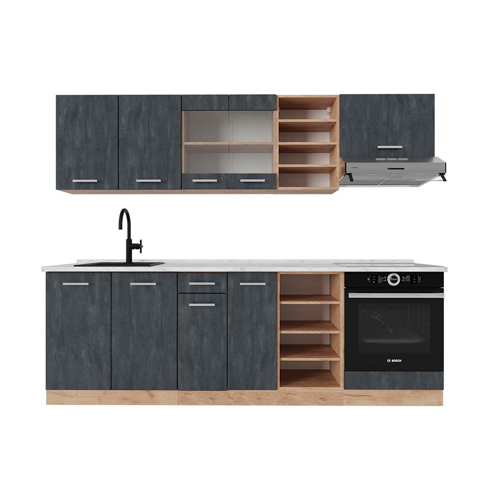 Vicco Cucina componibile Calcestruzzo nero/quercia dorata 240 cm PL Marmo