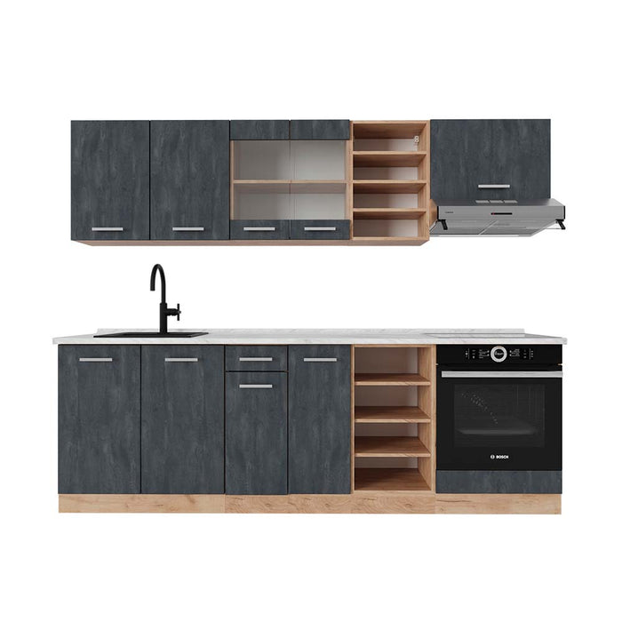 Vicco Cucina componibile Calcestruzzo nero/quercia dorata 240 cm PL Marmo