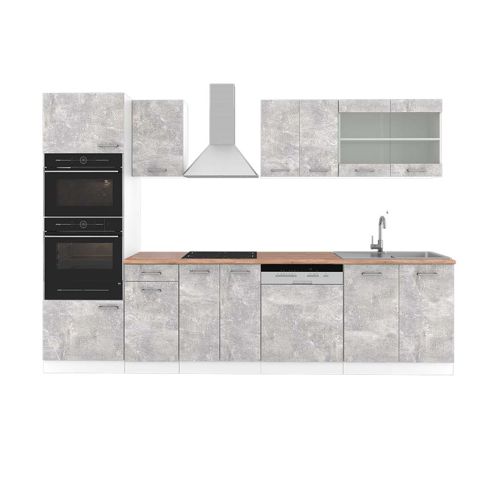 Vicco Cucina componibile Cemento/Bianco 300 cm con armadio alto, PL Rovere