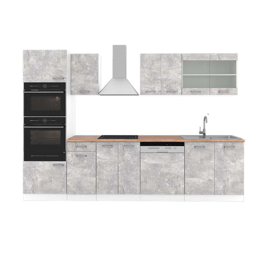 Vicco Cucina componibile Cemento/Bianco 300 cm con armadio alto, PL Rovere