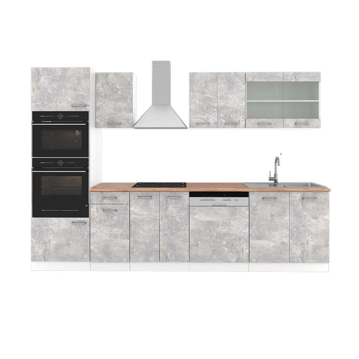 Vicco Cucina componibile Cemento/Bianco 300 cm con armadio alto, PL Rovere
