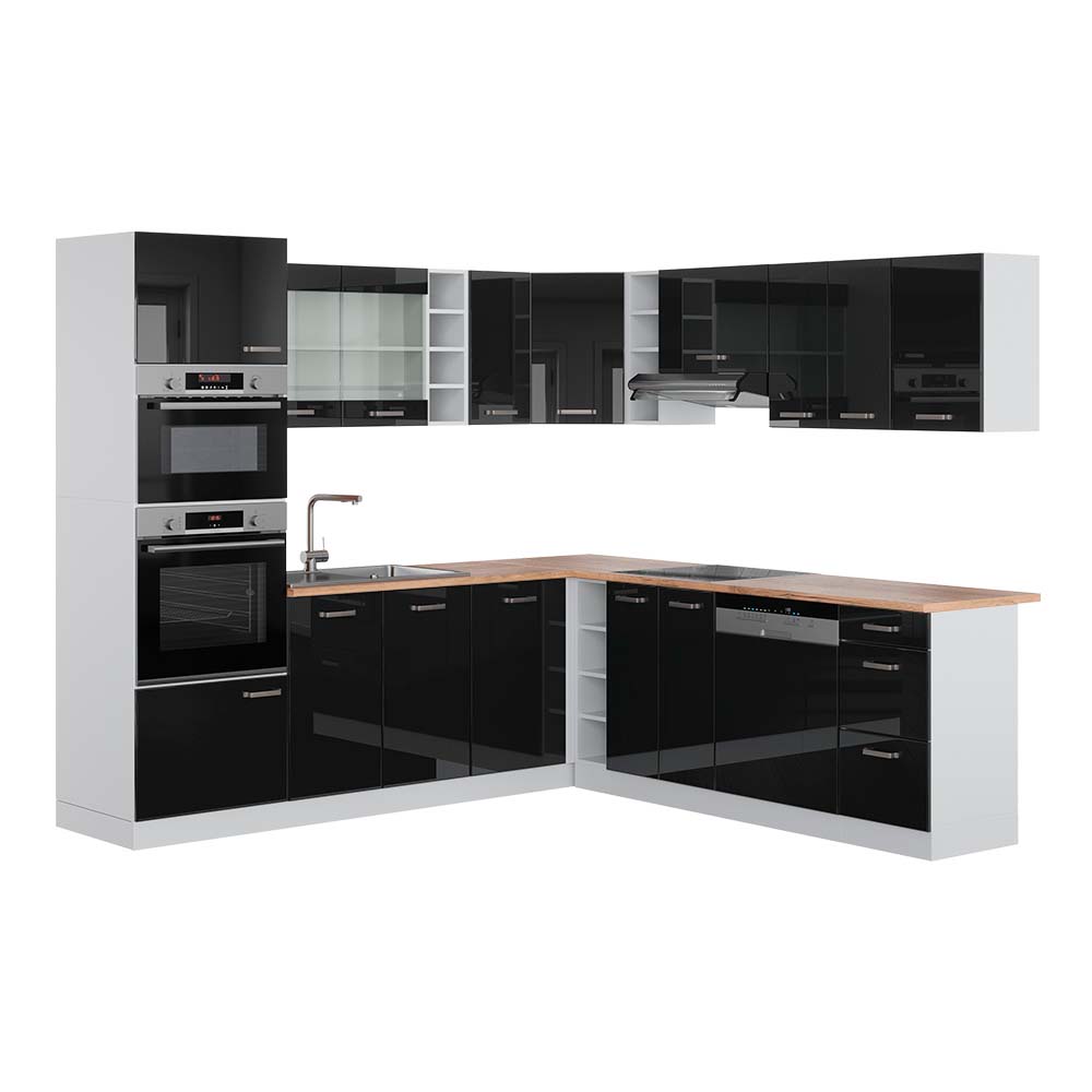 Vicco Cucina angolare completa Nero lucido/bianco 237 x 247 cm , PL Rovere