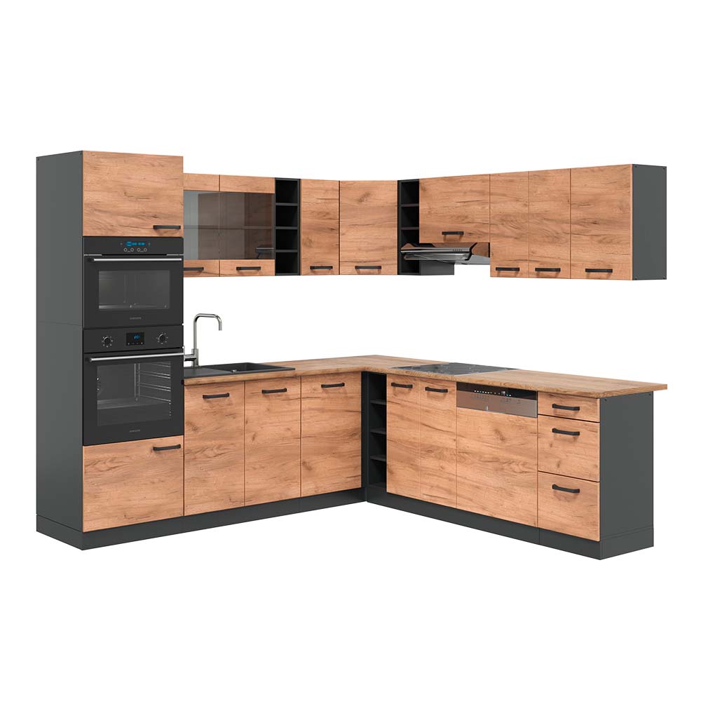 Vicco Cucina angolare completa Antracite/quercia dorata 237 x 247 cm , PL Rovere