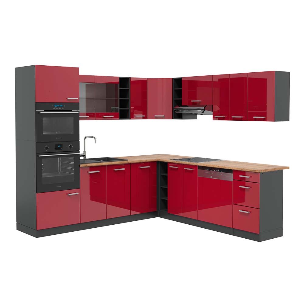 Vicco Cucina angolare completa Rosso lucido/antracite 247 x 60 cm , PL Rovere