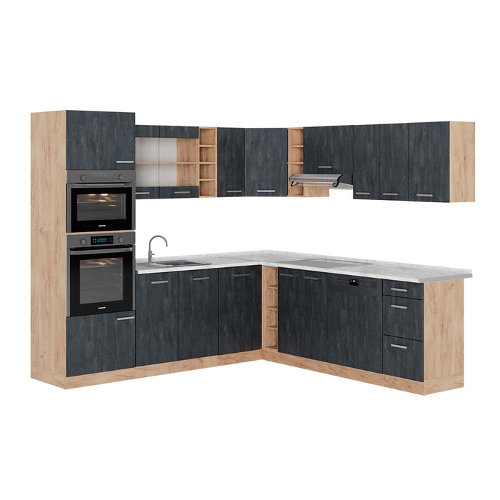 Vicco Cucina angolare completa Calcestruzzo nero/quercia dorata 237 x 247 cm PL Marmo