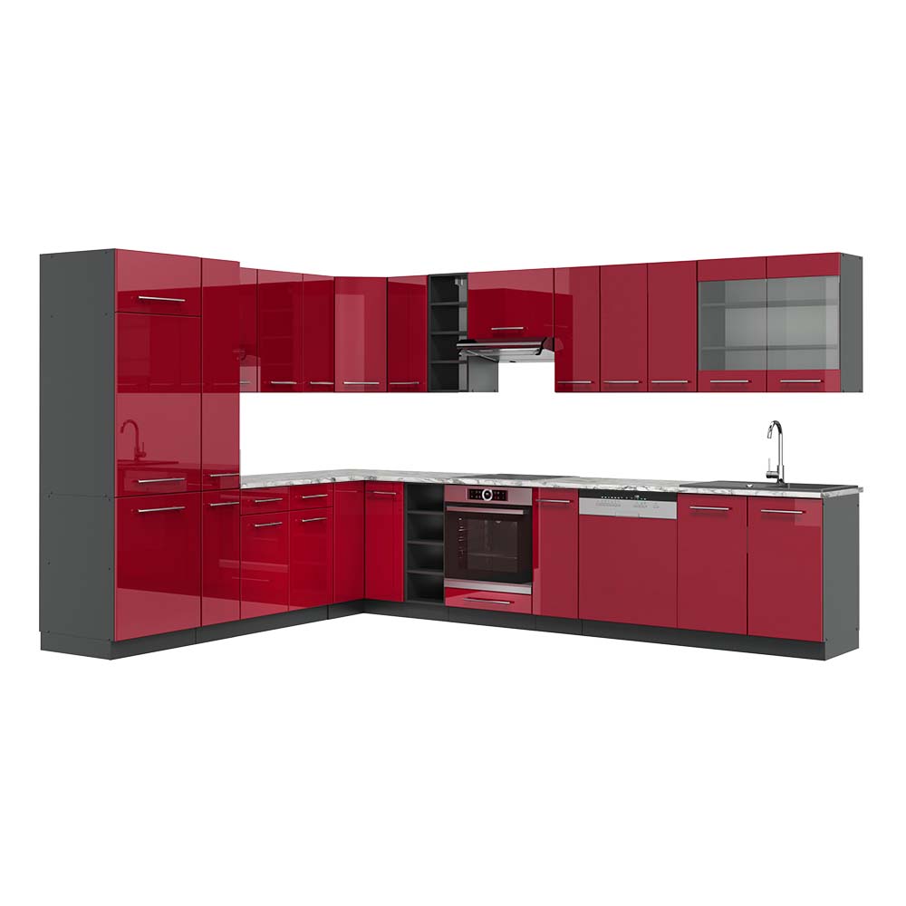 Vicco Cucina angolare completa Bordeaux lucido/antracite 347 x 257 cm , PL Marmo