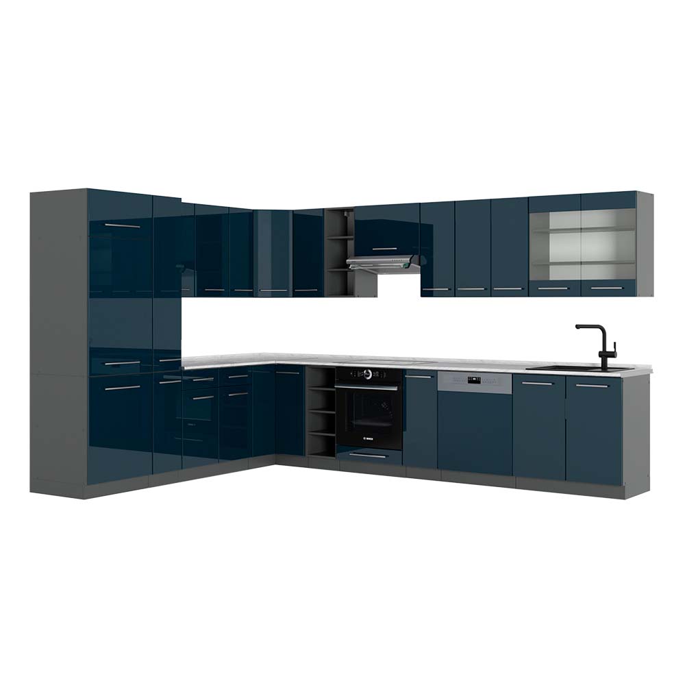 Vicco Cucina angolare completa Blu scuro lucido/antracite 257 x 60 cm , PL Marmo