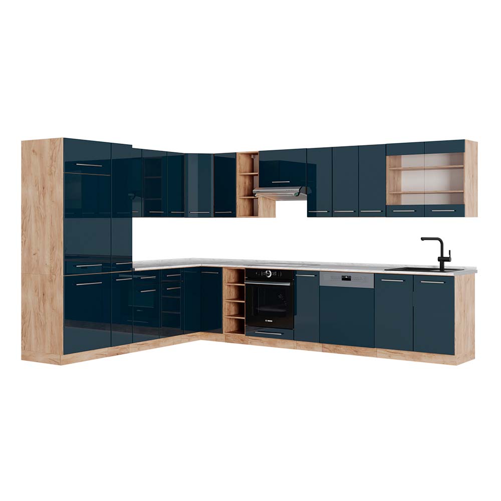 Vicco Cucina angolare completa Blu scuro lucido/rovere dorato 257 x 60 cm , PL Marmo