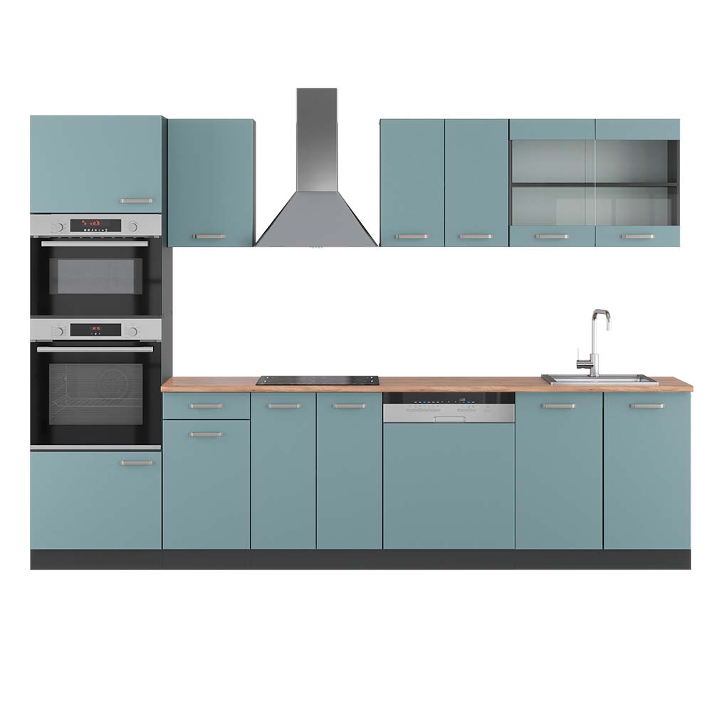 Vicco Cucina componibile Blu-grigio/antracite 300 cm con armadio alto, PL Rovere