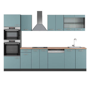 Vicco Cucina componibile Blu-grigio/antracite 300 cm con armadio alto, PL Rovere