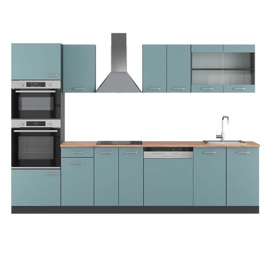 Vicco Cucina componibile Blu-grigio/antracite 300 cm con armadio alto, PL Rovere