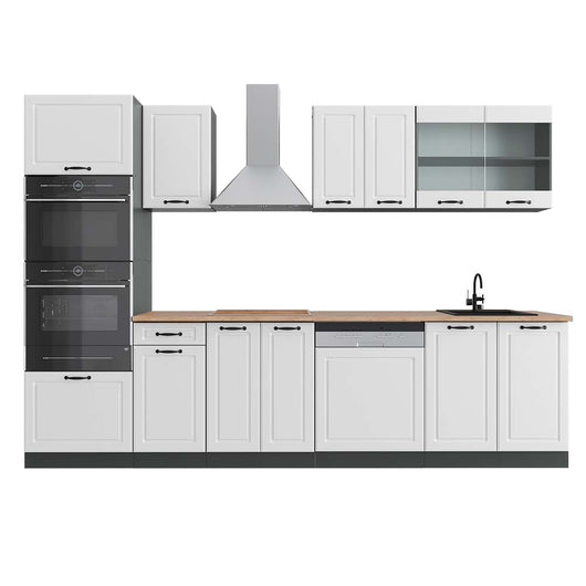 Vicco Cucina componibile Bianco casa di campagna/antracite 300 cm con armadio alto, PL Rovere