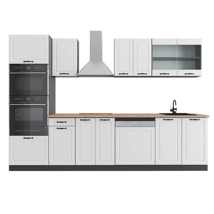 Vicco Cucina componibile Bianco casa di campagna/antracite 300 cm con armadio alto, PL Rovere