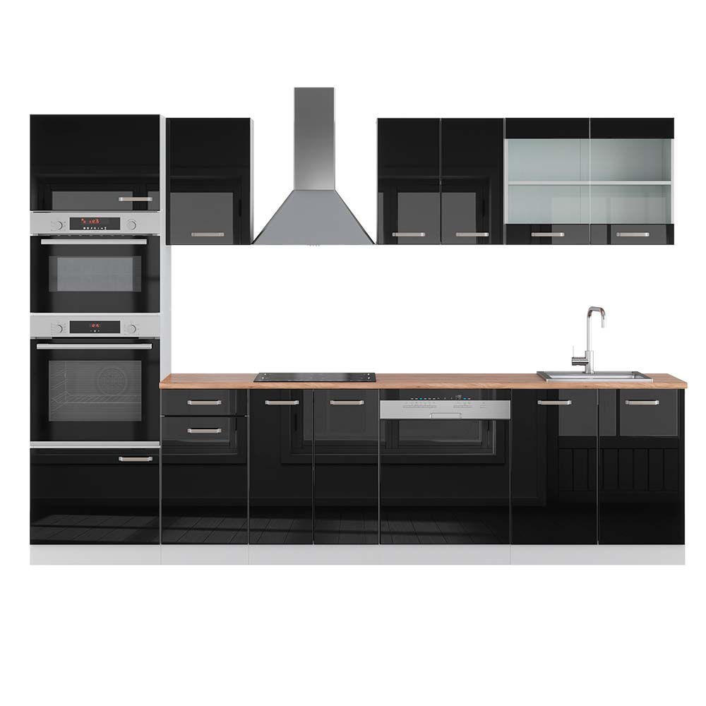 Vicco Cucina componibile Nero lucido/bianco 300 cm con armadio alto, PL Rovere