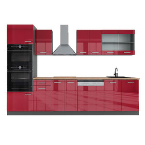 Vicco Cucina componibile Rosso lucido/antracite 300 cm con armadio alto, PL Rovere