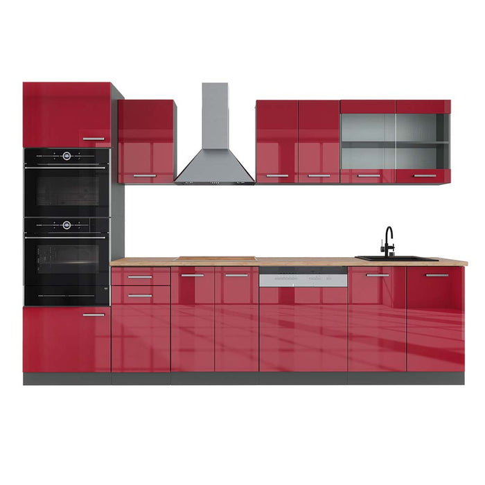 Vicco Cucina componibile Rosso lucido/antracite 300 cm con armadio alto, PL Rovere