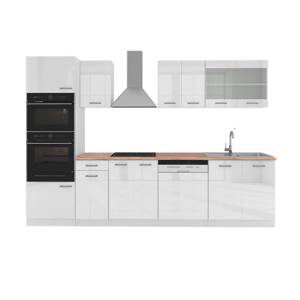 Vicco Cucina componibile Bianco lucido/bianco 300 cm con armadio alto, PL Rovere
