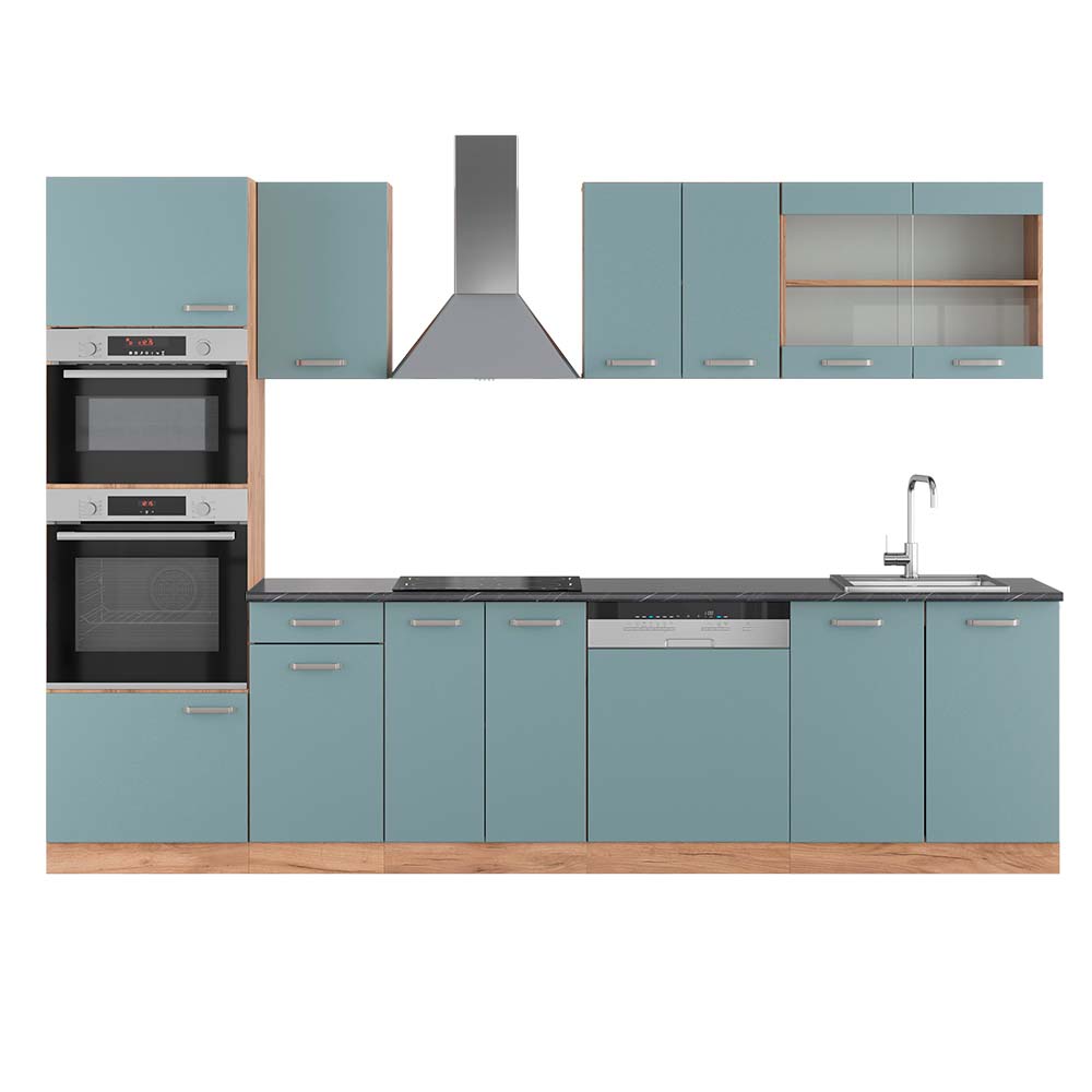Vicco Cucina componibile Rovere blu-grigio/oro 300 cm con armadio alto, PL Antracite