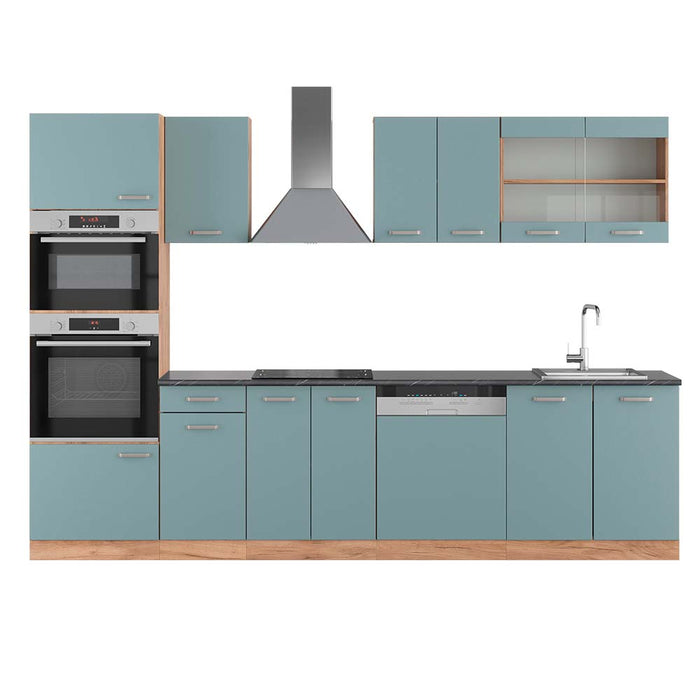 Vicco Cucina componibile Rovere blu-grigio/oro 300 cm con armadio alto, PL Antracite