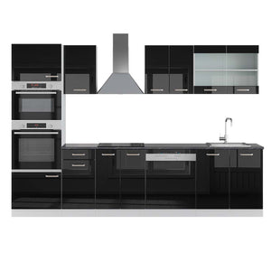Vicco Cucina componibile Nero lucido/bianco 300 cm con armadio alto, PL Antracite