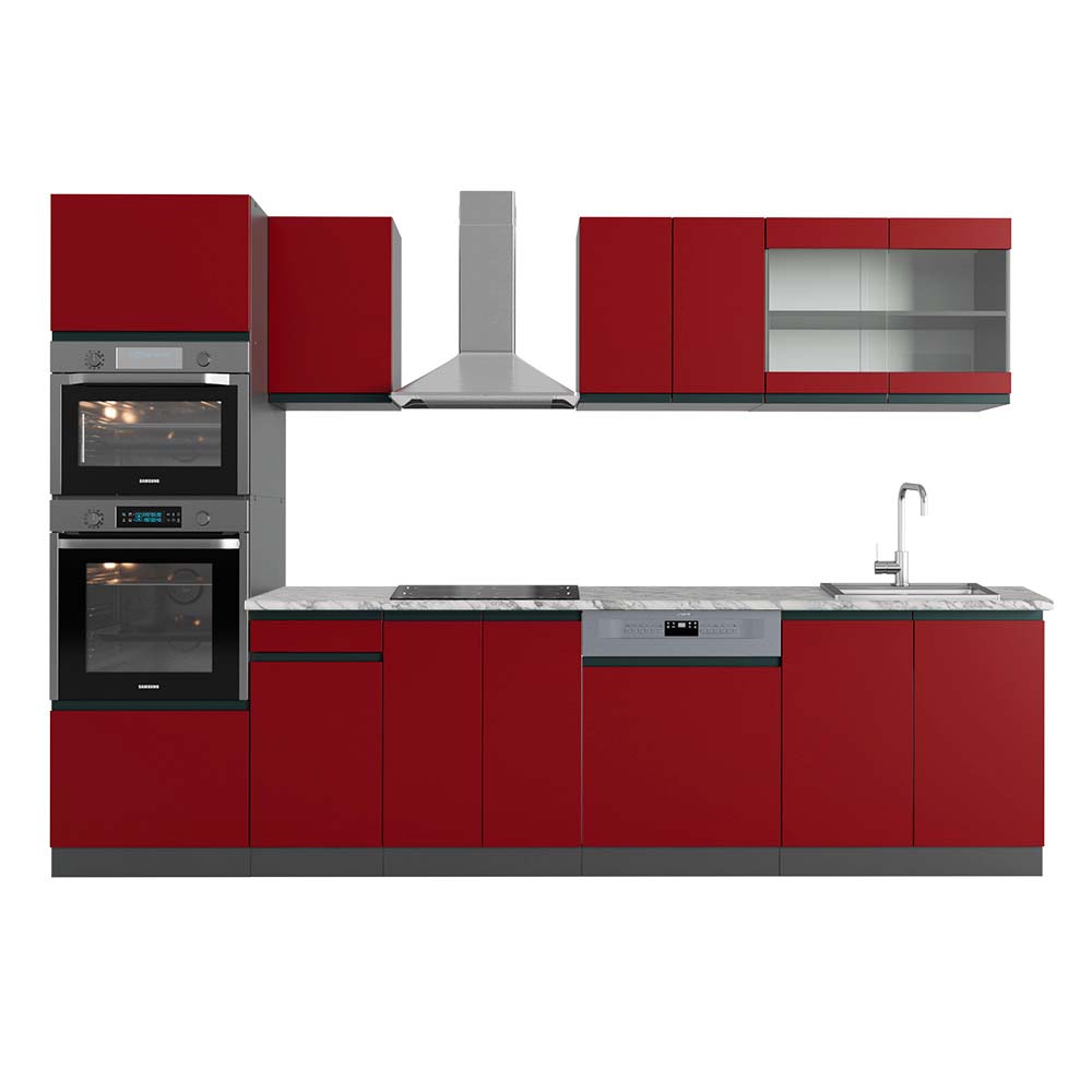 Vicco Cucina componibile Rosso/antracite 300 cm con armadio alto, PL Marmo