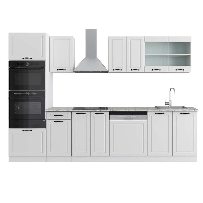 Vicco Cucina componibile Casa di campagna bianca/bianco 300 cm con armadio alto, PL Marmo