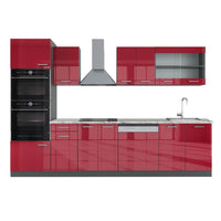 Vicco Cucina componibile Rosso lucido/antracite 300 cm con armadio alto, PL Marmo