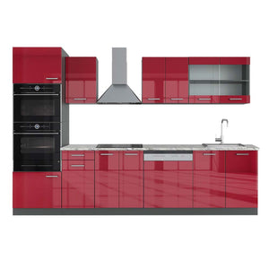 Vicco Cucina componibile Rosso lucido/antracite 300 cm con armadio alto, PL Marmo