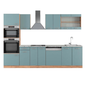 Vicco Cucina componibile Rovere blu-grigio/oro 300 cm con armadio alto, PL Marmo