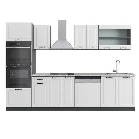 Vicco Cucina componibile Bianco casa di campagna/antracite 300 cm con armadio alto, PL Marmo