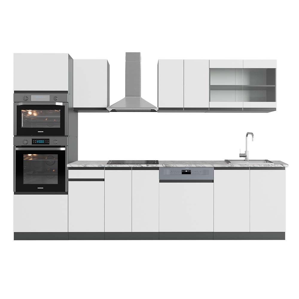 Vicco Cucina componibile Bianco/antracite 300 cm con armadio alto, PL Marmo