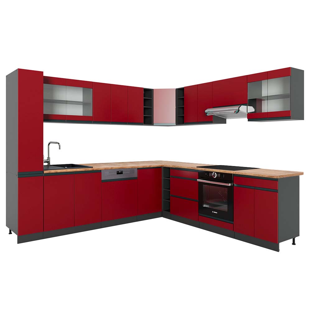 Vicco Cucina angolare completa Rosso/antracite 257 x 277 cm J-Shape, PL Rovere