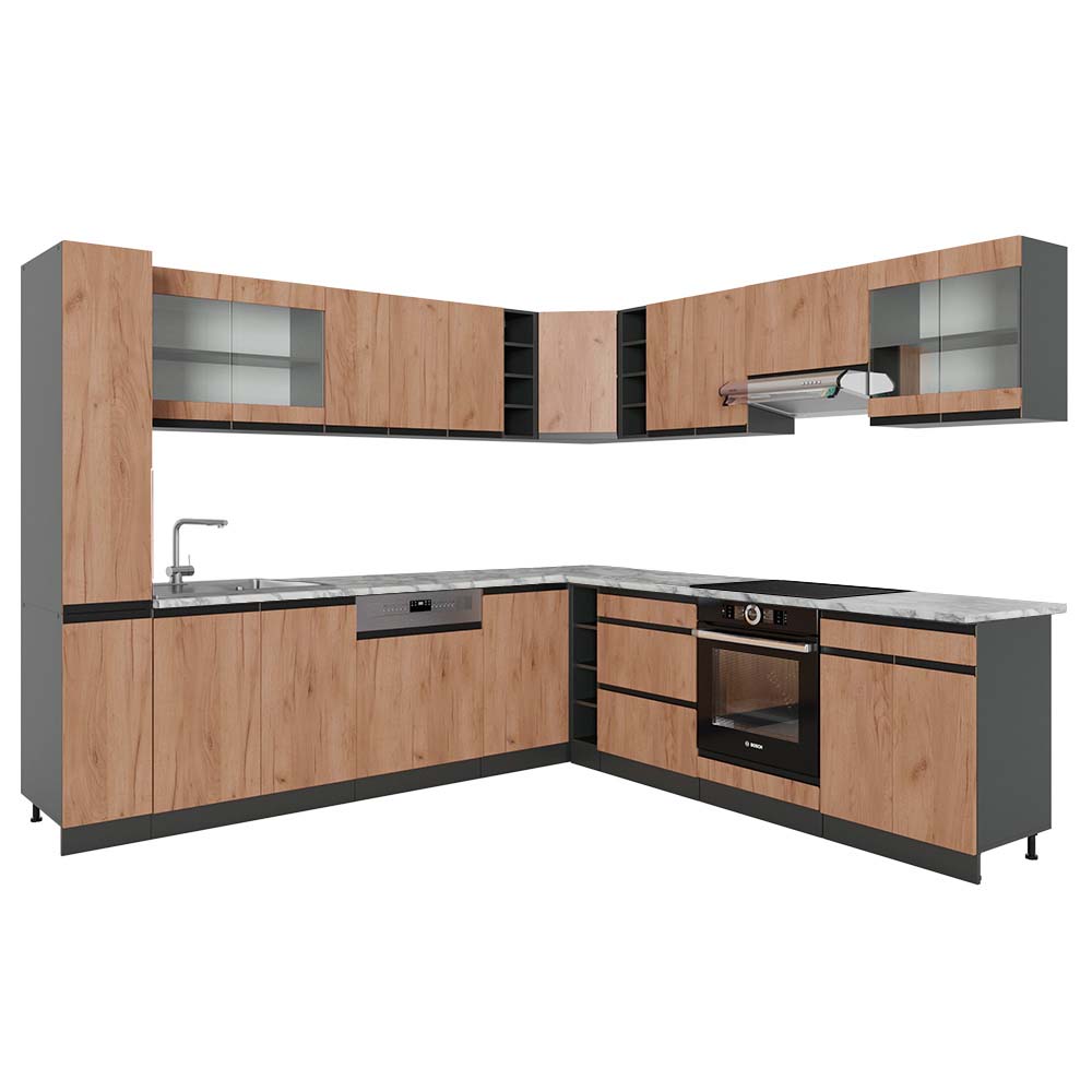 Vicco Cucina angolare completa Quercia dorata/antracite 257 x 277 cm J-Shape, PL Marmo